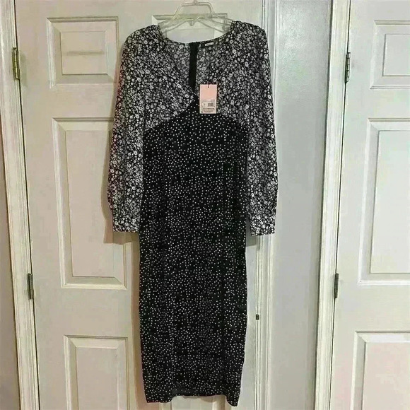 Missguided V Neck Balloon Sleeve Midi Dress Black Floral Polka Dot UK 8 US 4 - Picture 1 of 9